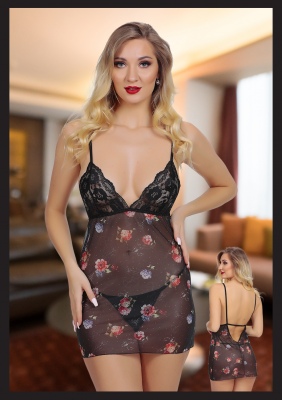 Kadın Siyah Dantel Detaylı ve Desenli Seksi Fantezi Gecelik